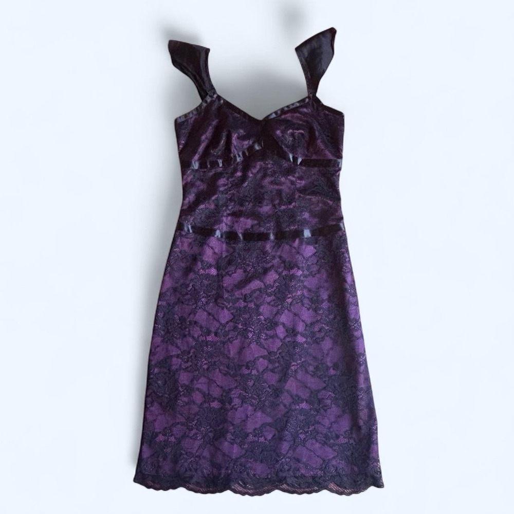 Alfani Petite 4P Purple/Black Floral Lace V-Neck Strappy Sheath Dress